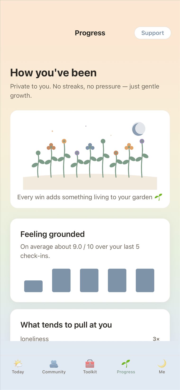 Progress screen with a growing garden, light mode
